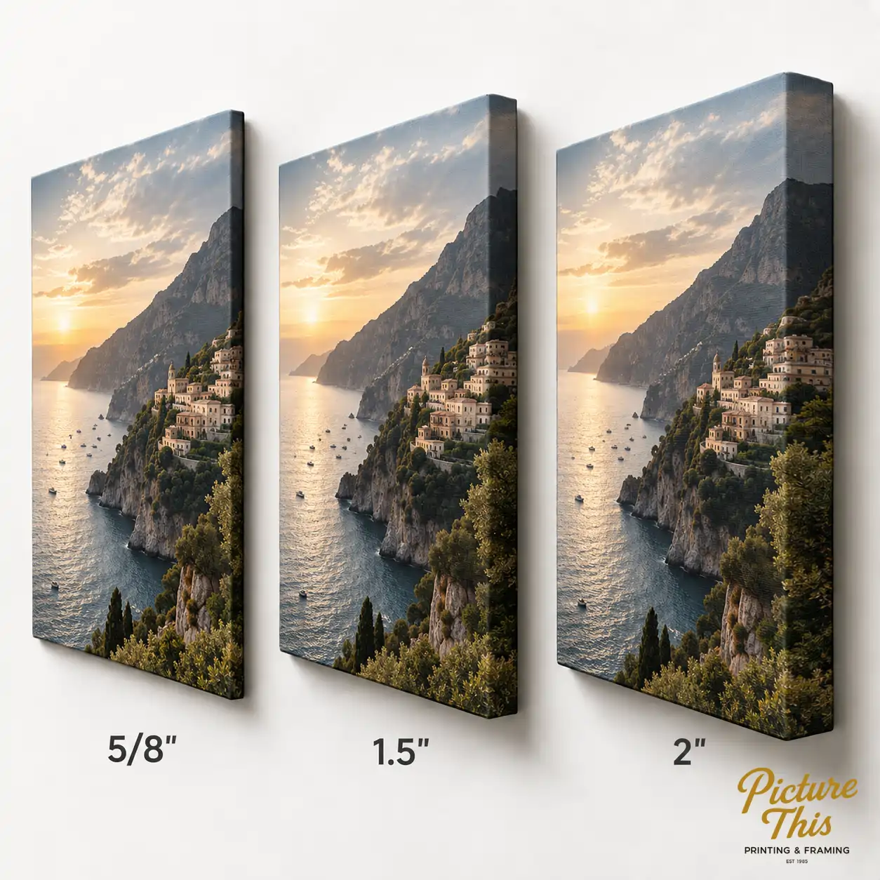Three gallery-wrapped canvases showing 5/8 inch, 1.5 inch, and 2 inch stretcher bar depths side by side