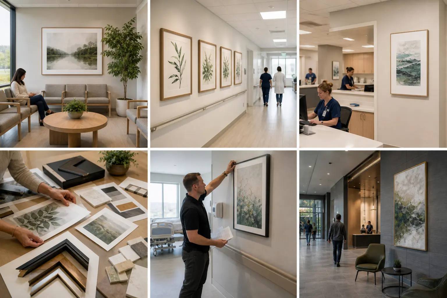 Hotel lobby check-in, guestroom art, and corridor gallery showing typical hospitality program scope