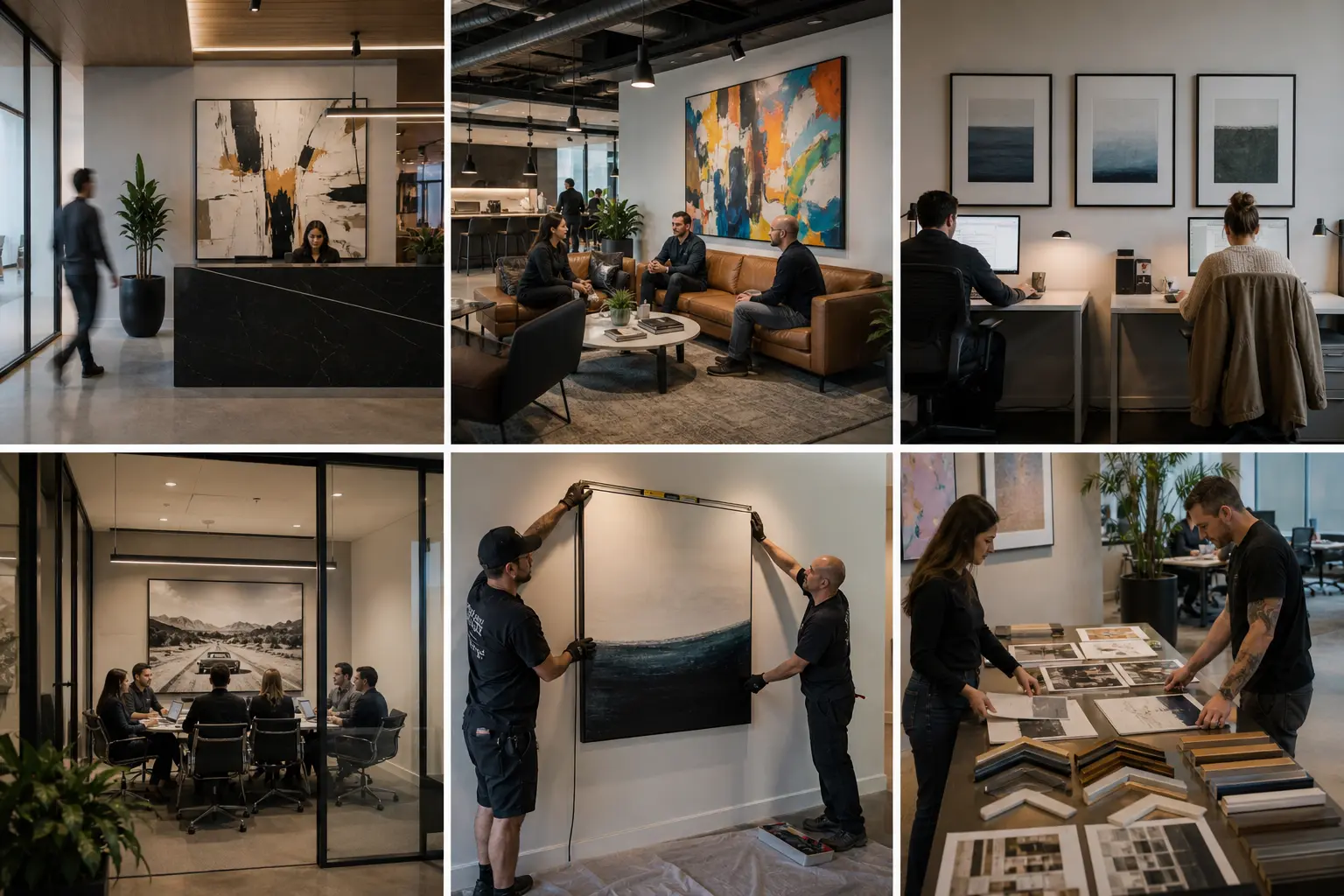Corporate office art examples from reception, lounge, and workstations showing mid-tier to premium tiers