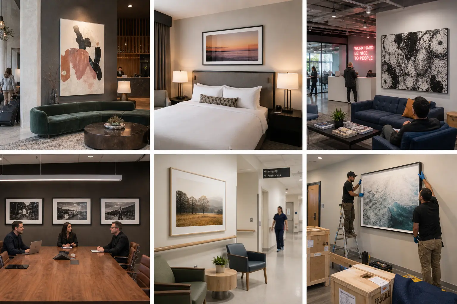 Healthcare art examples including waiting rooms, corridor wayfinding, and patient-area framed pieces