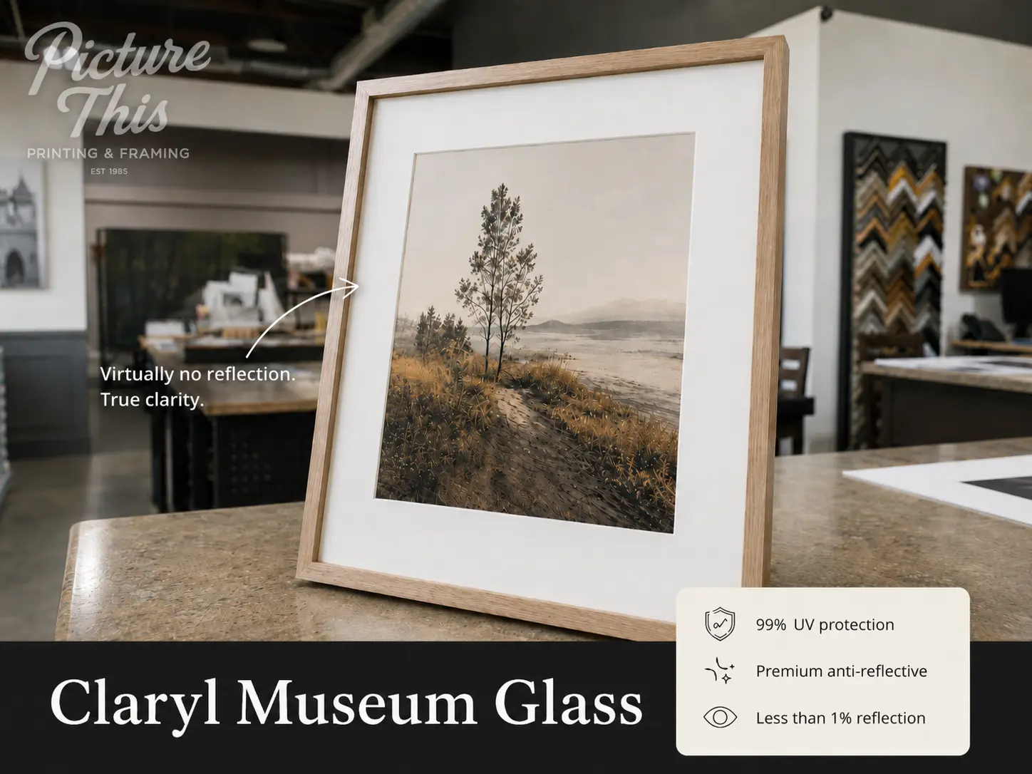 Claryl museum glass with anti-reflective coating and UV protection