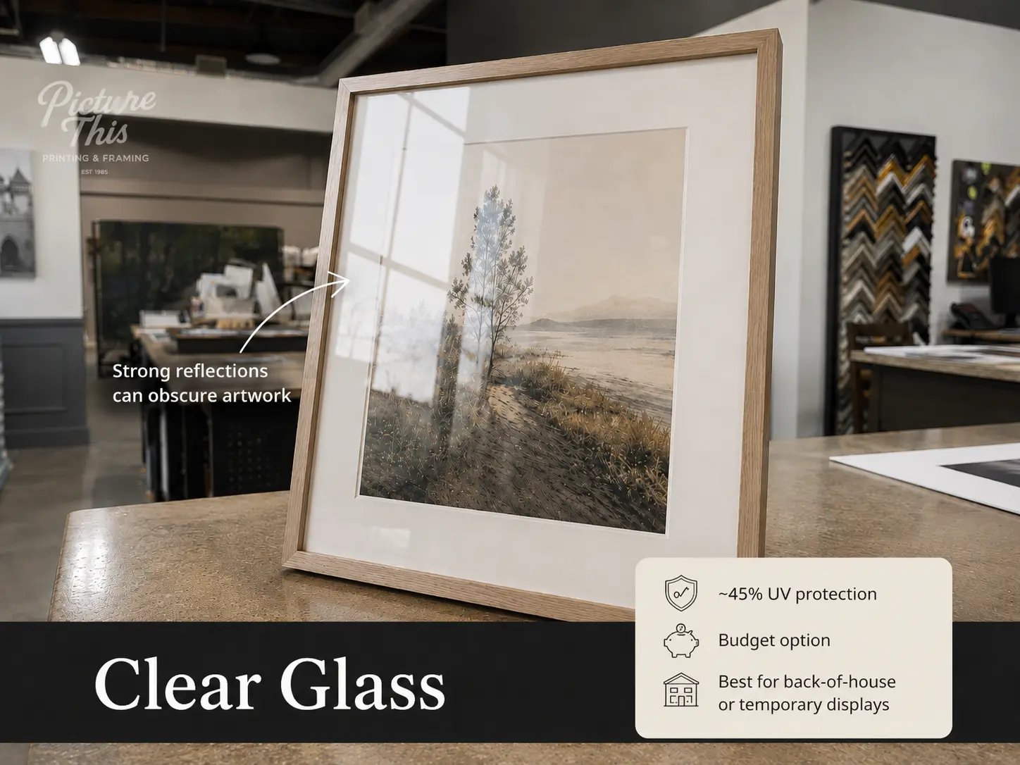 Clear glass showing reflections and glare in commercial picture framing
