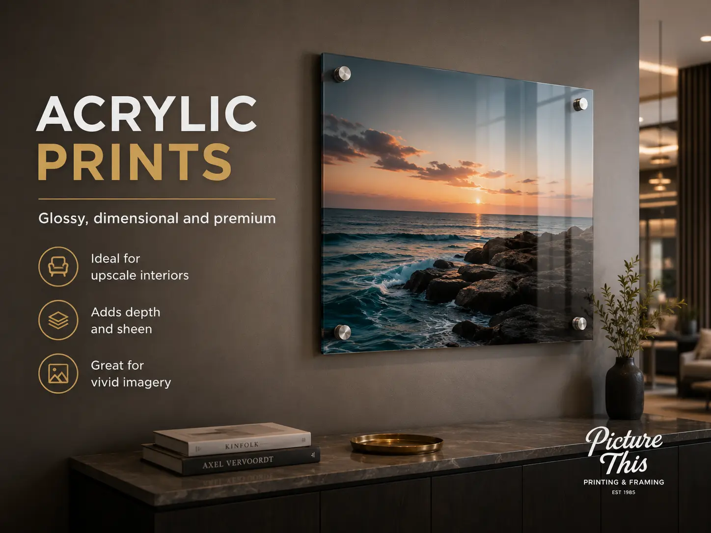 Acrylic print with metal standoffs in a luxury commercial interior