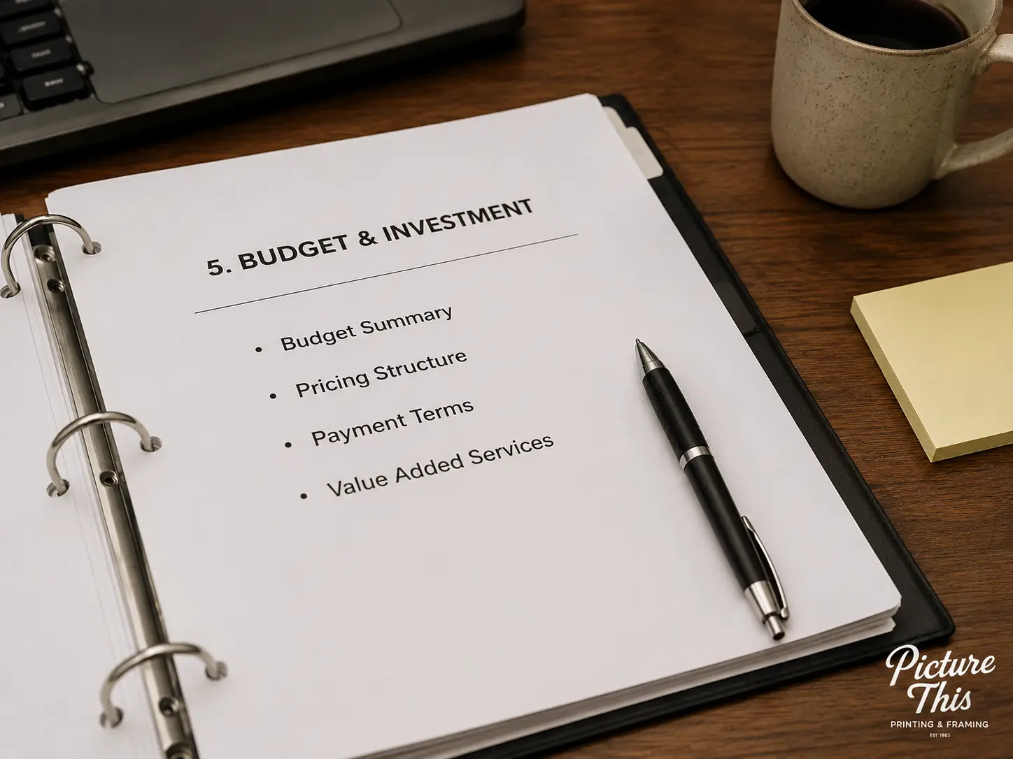 Art program budget and investment section of an RFP package showing budget summary, pricing structure, payment terms