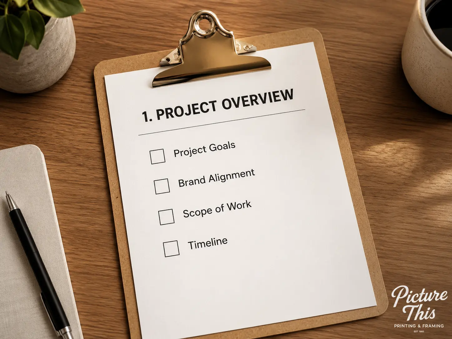 Art program project overview checklist showing goals, brand alignment, scope of work, and timeline