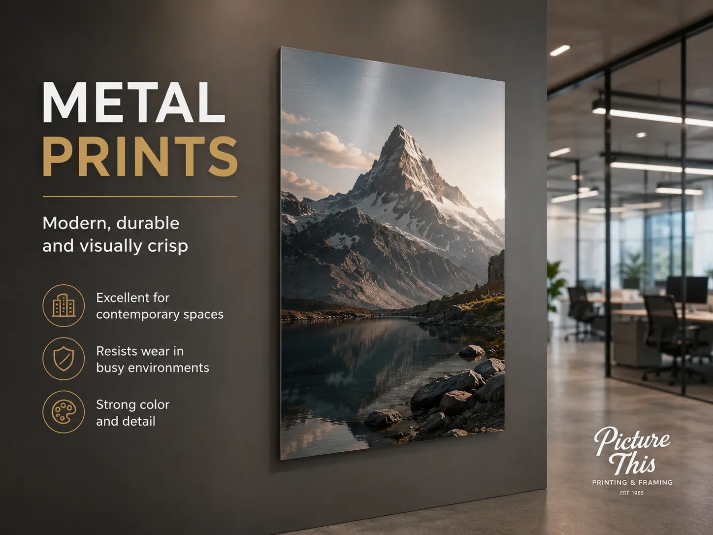 Durable metal print in a modern office commercial environment