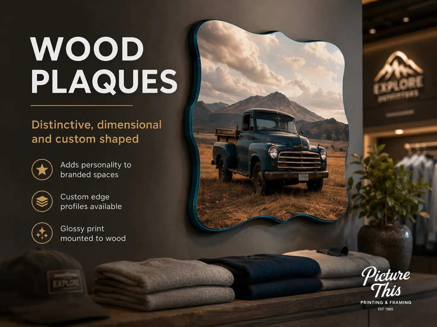 Glossy print mounted to custom-shaped wood plaque for branded retail spaces