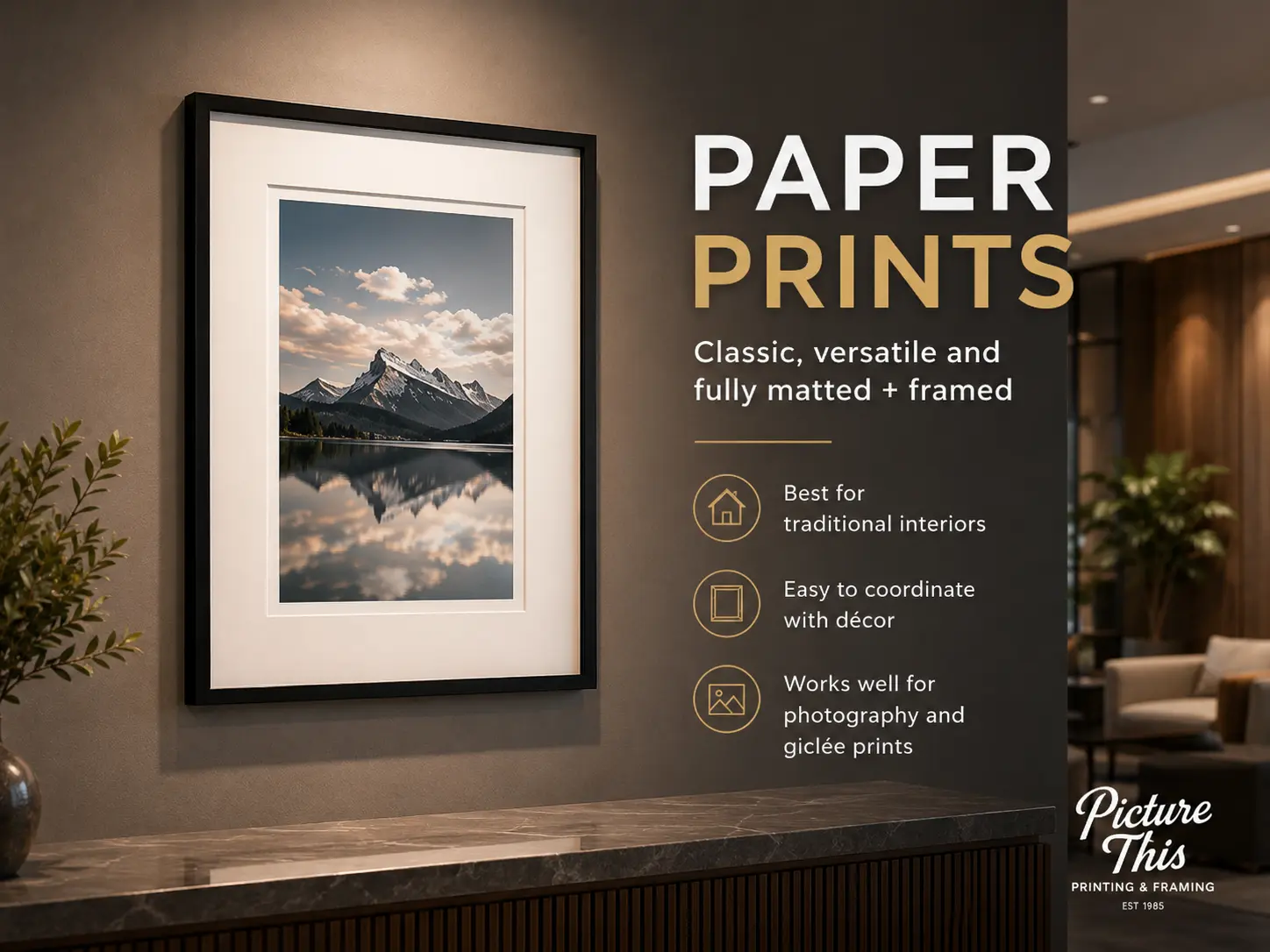 Fine art paper print, matted and custom framed for commercial art programs
