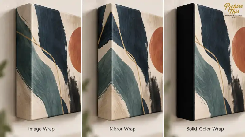Canvas edge wrap options showing image wrap, mirror wrap, and solid-color wrap side by side