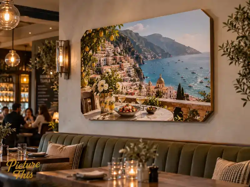 Color plaque mounted print displayed on restaurant wall — custom edge profile by Picture This Framing