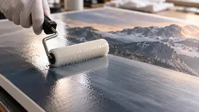 UV protectant coating being hand-rolled onto canvas print at Picture This Framing