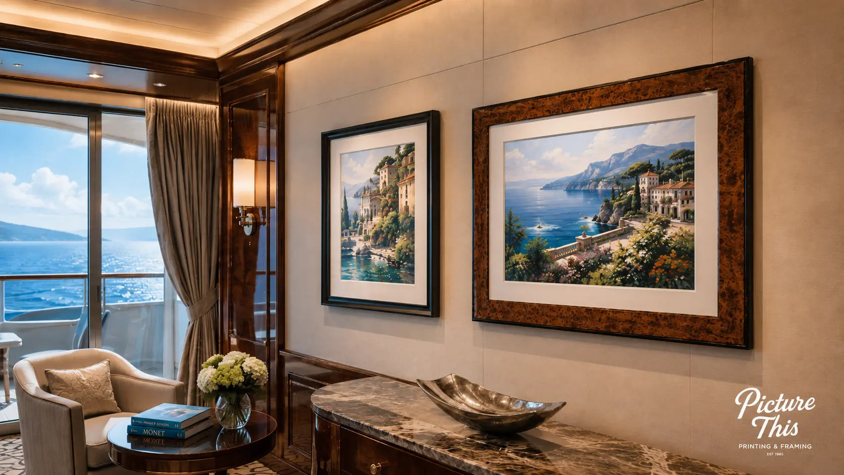 Premium framed artwork in luxury cruise ship suite