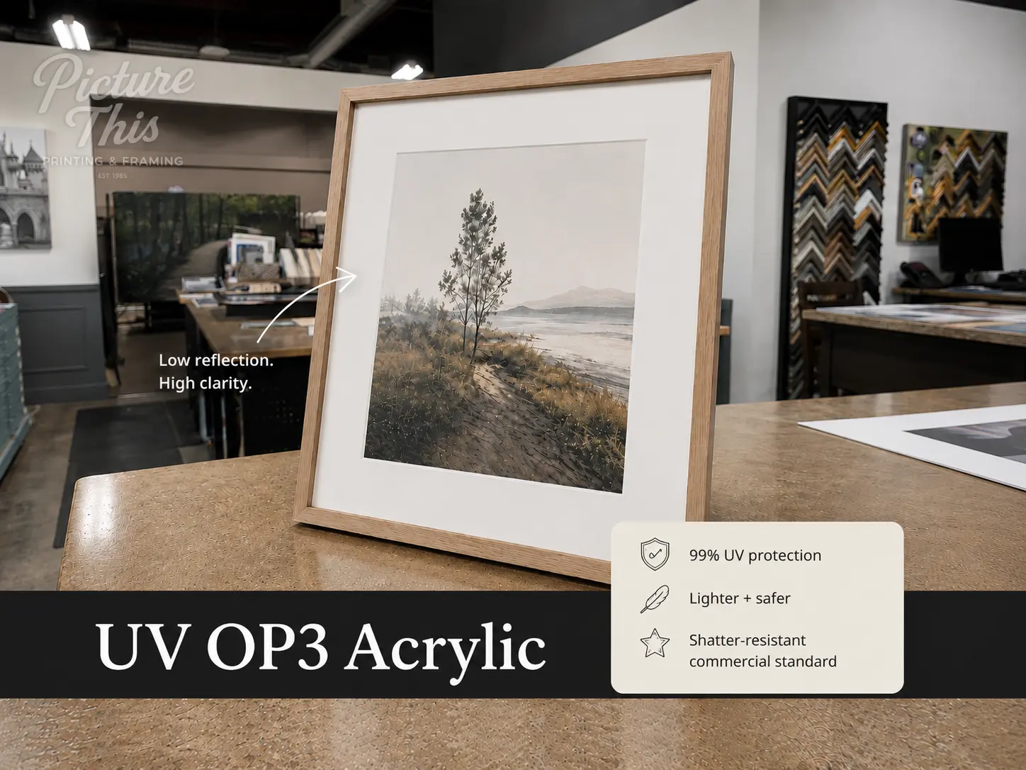 UV OP3 acrylic with 99% UV protection for commercial framing