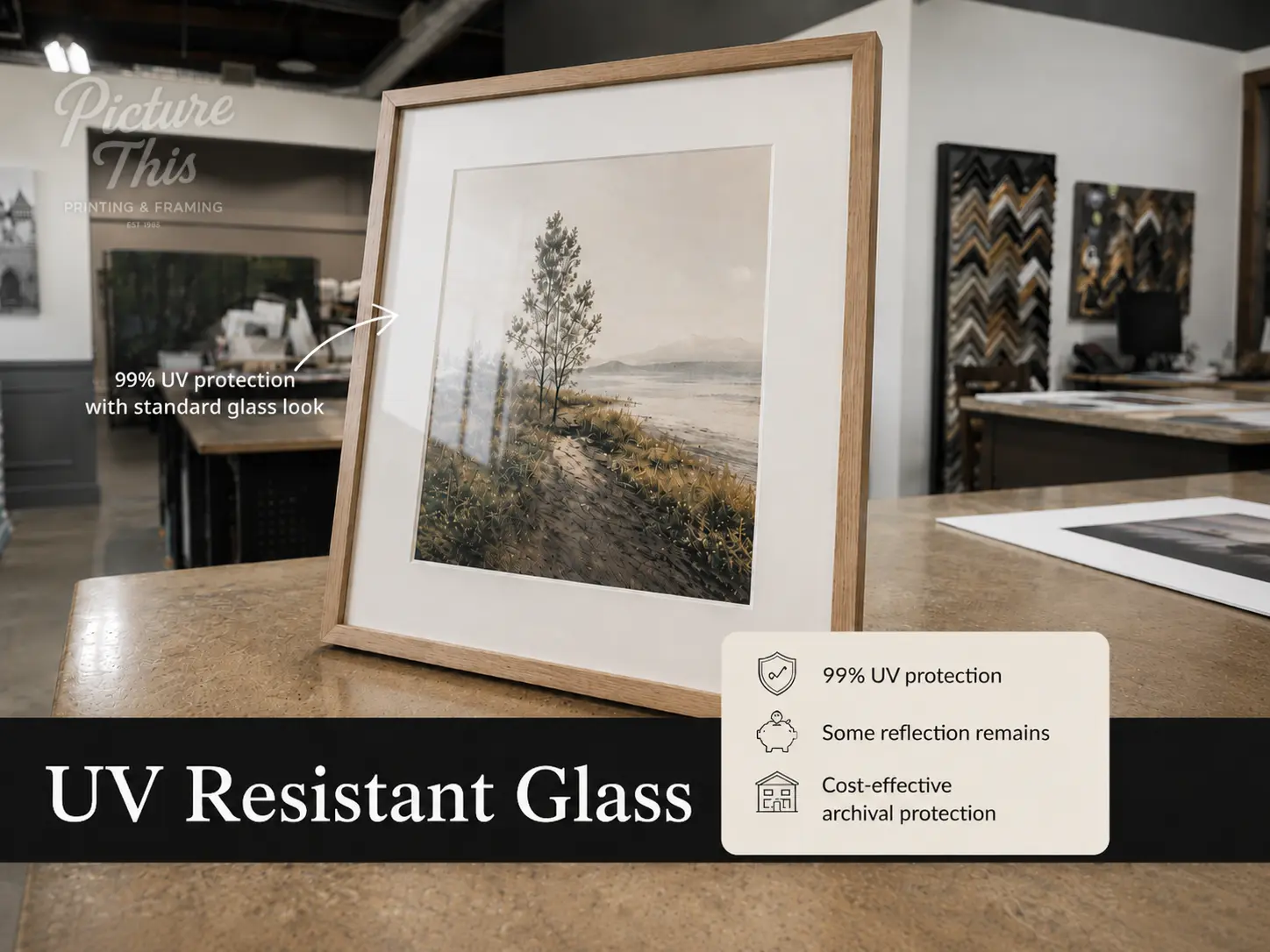 UV resistant glass with 99% UV protection for picture framing